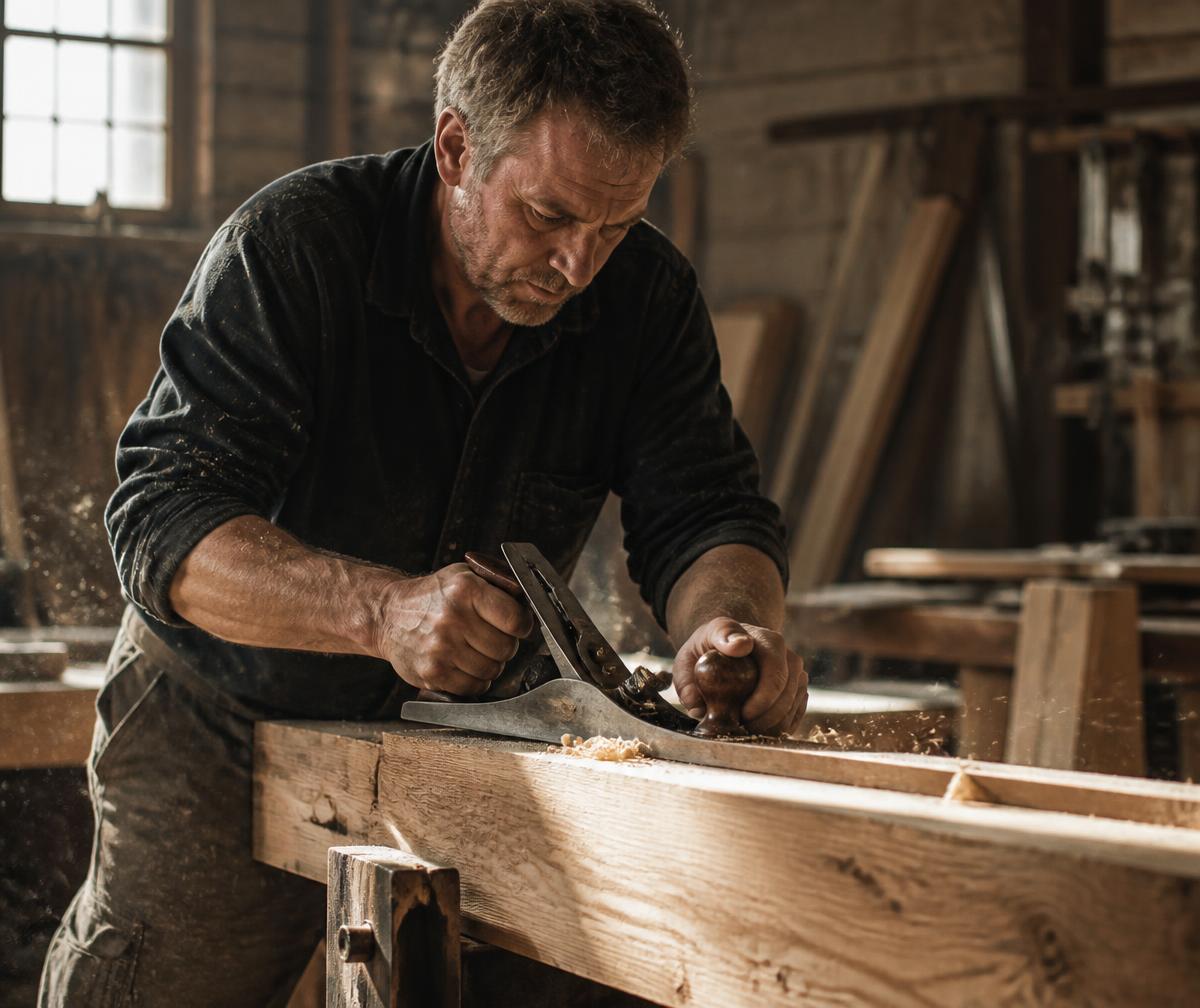 A craftsman hand-planing an oak beam in the workshop