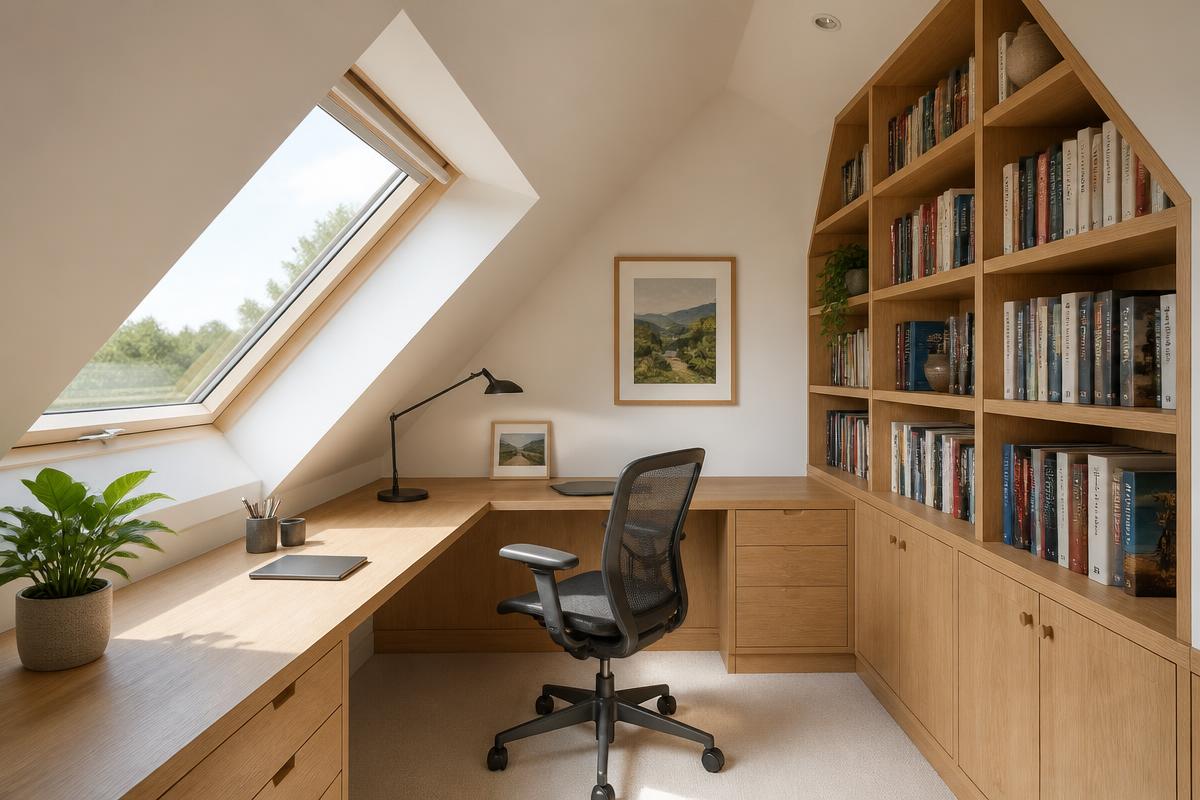 Attic study with bespoke joinery built around the rafters