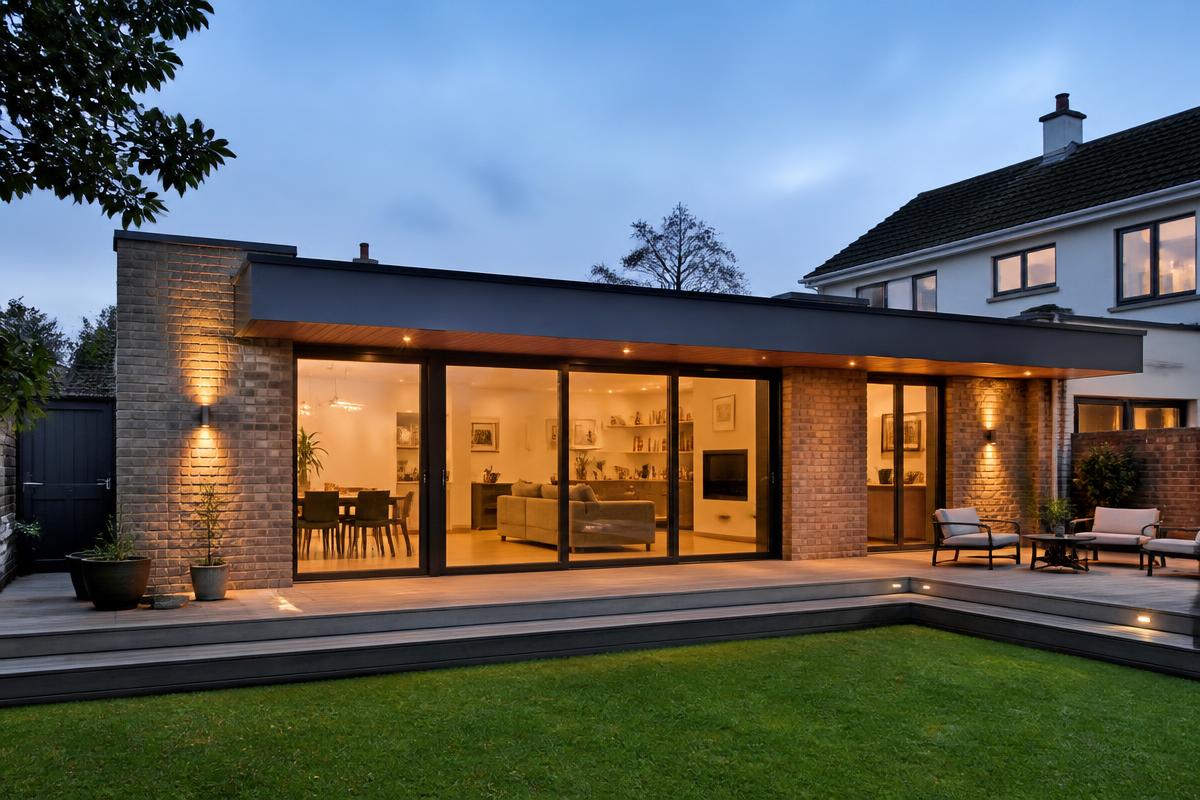 Brick and glass garden room extension lit at dusk